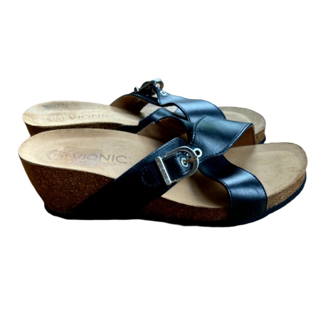 Vionic Mallorca 40 Women US 9 Black Leather Strap Orthaheel Cork Wedge Sandal